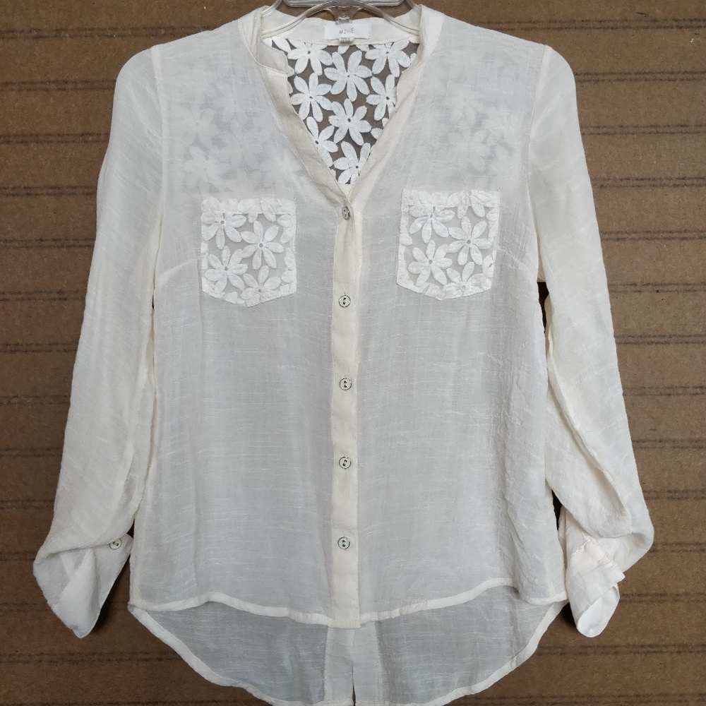 MINE semi-sheer ivory blouse with pop floral lace
